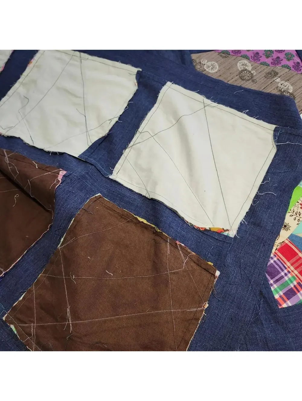 Colorful Handmade Patchwork Quilt Top PROJECT Finish Denim Borders 86x78 inches